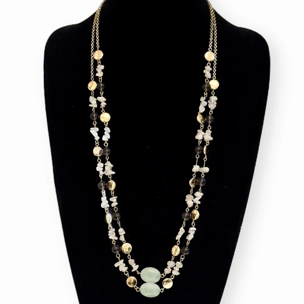 Talbots Long Amethyst Jade Gold Coin Two-Strand Necklace - Picture 2 of 7